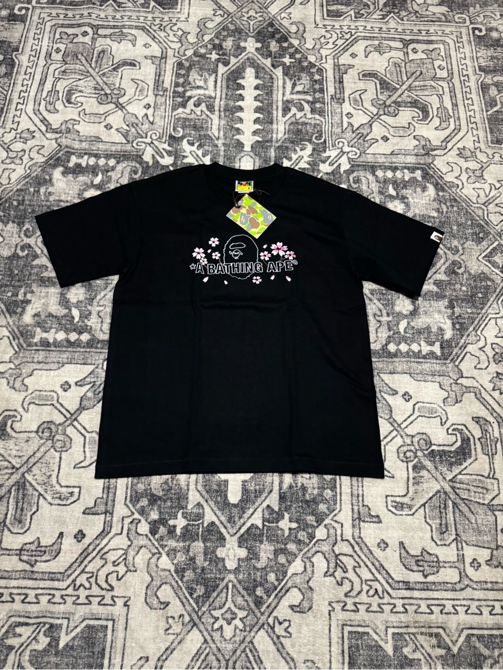 Bape Black Tee Pink Flowers